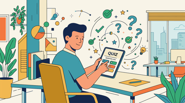 Man taking a digital quiz on a tablet in a modern office, question marks and checkmarks floating around