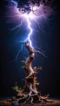 Dramatic image of a lone twisted tree struck by a brilliant lightning bolt against a dark stormy night sky representing nature and power.