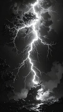 A dramatic black and white landscape showing a powerful lightning bolt striking a lone tree during a dark stormy night in the wild outdoors.