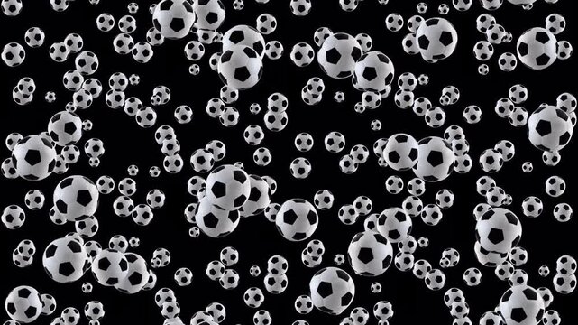 Soccer balls falling downwards on black background in slow motion cinematic animation.