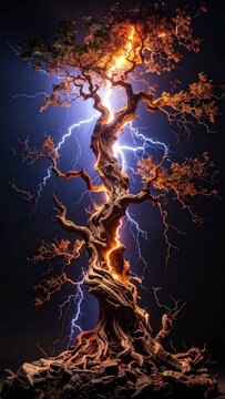 Majestic twisted tree struck by lightning with dramatic electrical energy glowing through the gnarled bark against a dark night sky background.