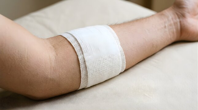 Human arm with white gauze bandage wrapped around forearm for injury care