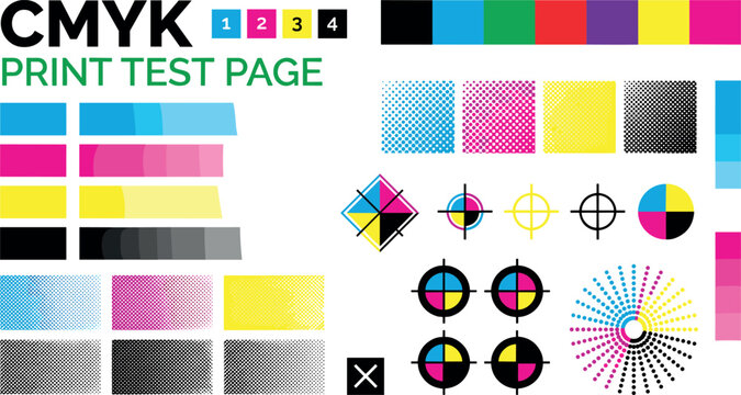 CMYK print test page vector template with colorful calibration bars halftone patterns and registration marks