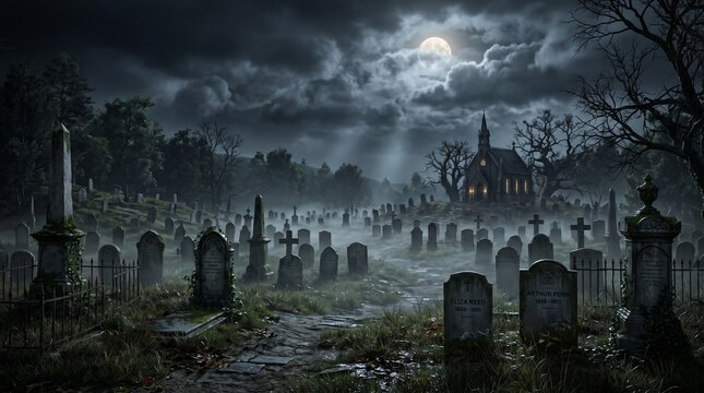 Spooky cemetery with old tombstones and crosses under a bright full moon in the dark foggy night sky scenery