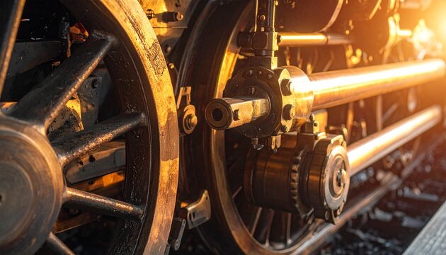 Close up view of the massive metal wheels and mechanical piston assembly of a historic steam locomotive engine illuminated by warm golden sunlight.