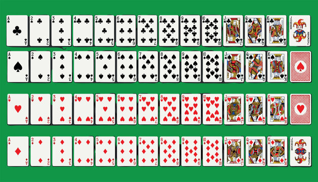 Full standard playing card deck vector set with clubs spades hearts diamonds and jokers isolated on white background