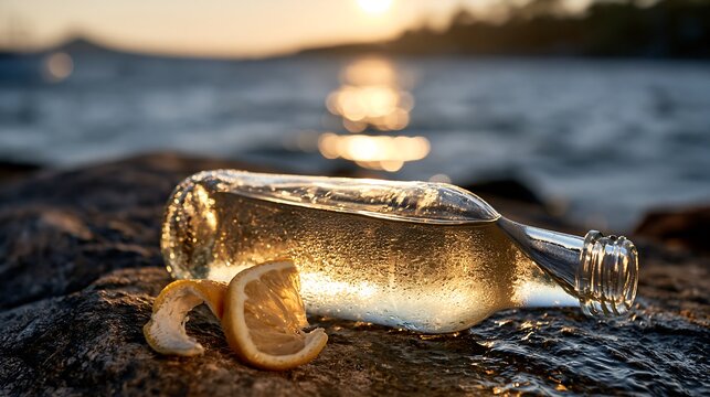 Cold glass bottle with fresh lemon wedge on rock near ocean water surface