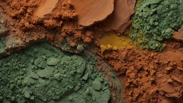 Ground organic colorful spices and clay powder layout