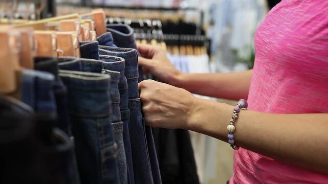 Close-up of a woman hands browsing, touching and choosing blue denim jeans trousers on hangers from racks in a clothing store or boutique. Retail shopping, fashion, apparel and consumerism.