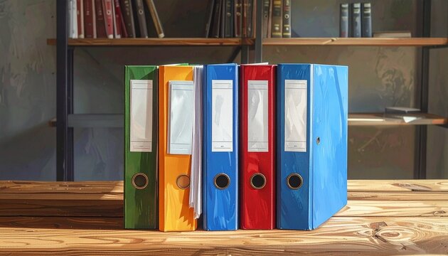 A row of colorful ring binders arranged neatly on a wooden desk in a professional library setting representing organization and business records.