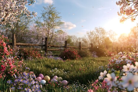 Spring Landscape with Easter Eggs and Flowers in Sunlit Meadow Setting