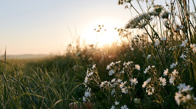 Sunlight beam through wild flowers in meadow field at golden hour sunset