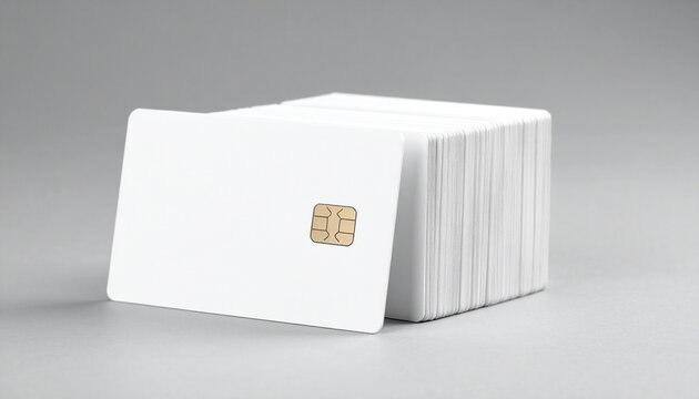 A stack of blank white smart cards with integrated electronic chips isolated on a neutral gray background for banking and security concepts.
