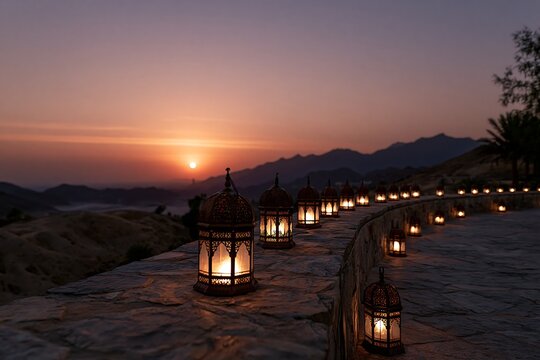 Traditional arabic lanterns glowing along mountain pathway at sunset