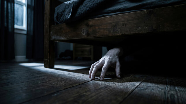 Scary pale hand reaching from under bed in dark room. Creepy monster hiding in shadow on wooden floor. Sinister Halloween scene depicting ghost or phantom presence at night time.