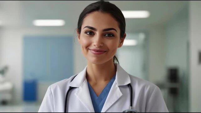 Female Doctor Smiling in Medical Hospital Corridor Wearing White Coat and Stethoscope