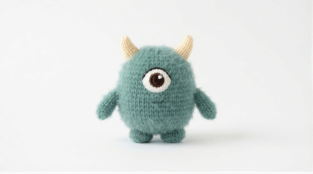 Knitted blue monster toy with one eye. Handmade wool cyclops creature for Halloween decoration. Soft yarn craft doll as cute gift for child on holiday party. Isolated on white.