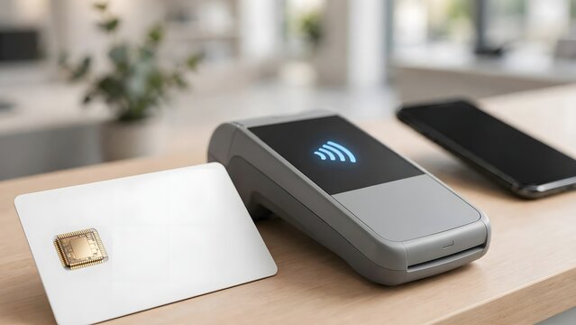 Contactless payment card and wireless payment terminal on modern desk