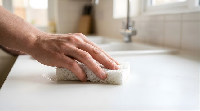Person cleaning kitchen counter with a white sponge at home