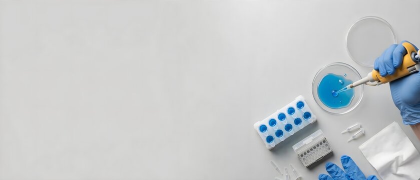 Minimal healthcare laboratory background with medical equipment and blue samples