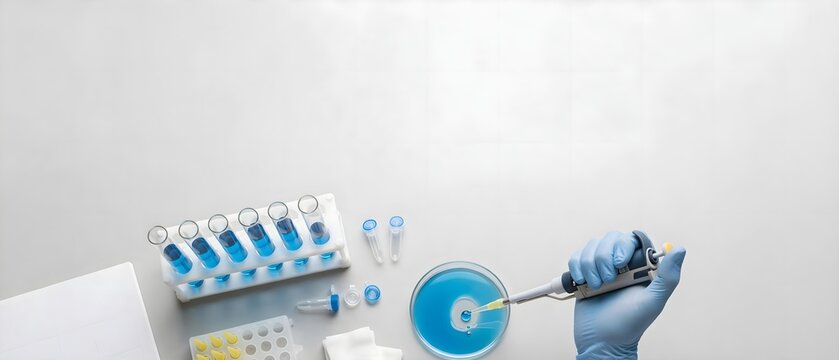 Scientific laboratory workspace with test tubes and research equipment on white background