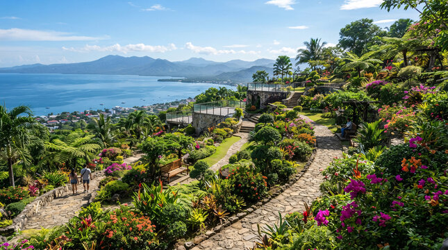  Expansive tropical botanical garden on a hillside overlooking a blue coastal bay, city and mountain landscape.