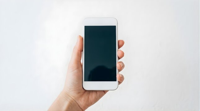 Person holding a white smartphone with blank screen against white wall