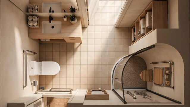 Compact residential accessible bathroom layout with universal design features