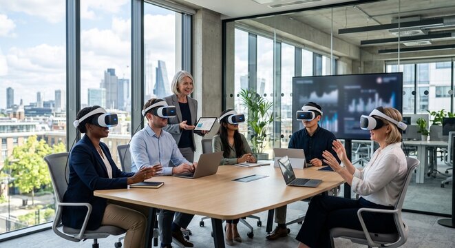 Diverse corporate team using VR headsets for business training in a modern office