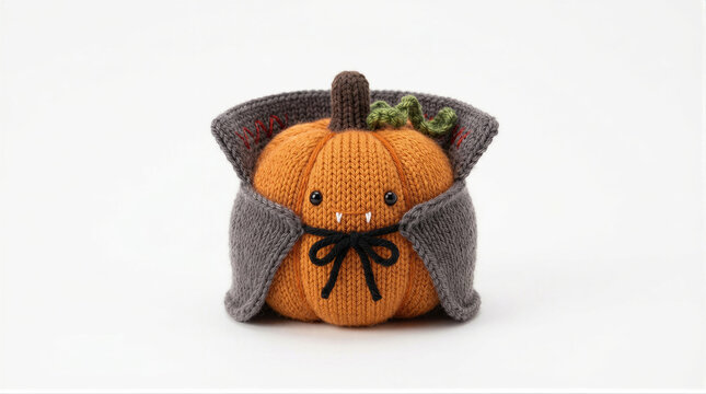 Knitted pumpkin vampire toy with cape and fangs. Handmade cute halloween decoration for celebration. Soft plush craft character for seasonal festive party and holiday home interior.