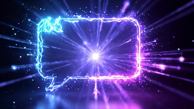 Glowing Neon Speech Bubble Frame with Bright Light Rays - Futuristic Purple and Blue Electric Quote Box Background for Social Media Posts