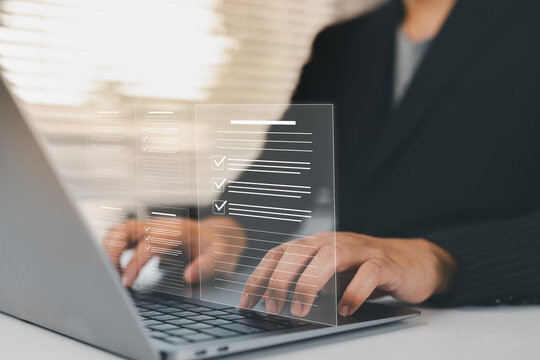 Businessman showing online document validation icon, Concepts of practices and policies, company articles of association Terms and Conditions, regulations and legal advice, corporate policy