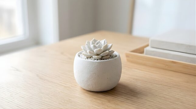 Small white succulent plant in a concrete pot on a wooden table