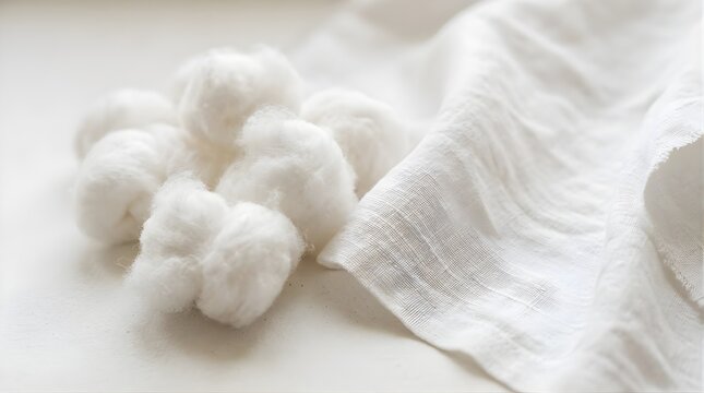 Soft white cotton balls and draped fabric on a light background