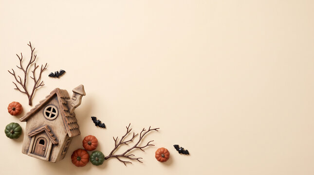 A miniature ceramic haunted house with pumpkins and branches rests on a beige surface hauntedhouse halloween autumn fall spooky eerie