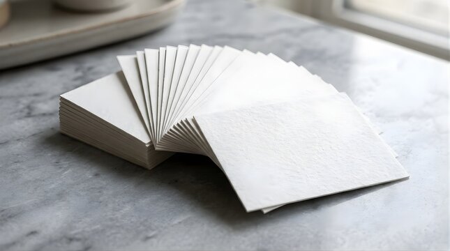 Stack of blank white paper cards on a grey marble table for branding