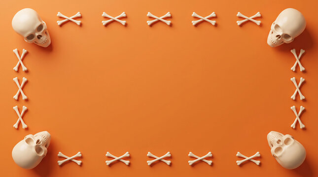 A border composed of human skulls and crossed bones rests against an orange colored background anatomical bone calavera calvarium celebration crossbones