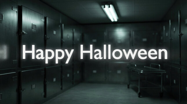 Happy Halloween text inside a dark morgue room. Spooky metal storage cabinets and gurney in a creepy hospital basement. Horror themed background for holiday celebration and decoration.