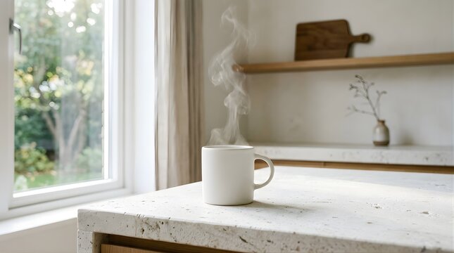 Steaming white mug on a stone kitchen counter with morning sunlight