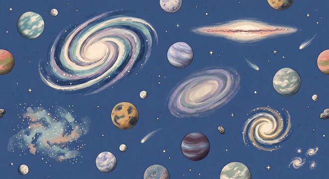 Beautiful seamless pattern of glowing spiral galaxies, nebulas, and colorful planets on a solid dark blue background.