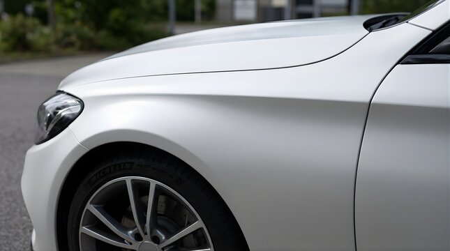 White car exterior side view with hood and wheel for auto advertising