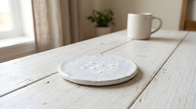 White ceramic coaster with water drops on a rustic wooden table indoors