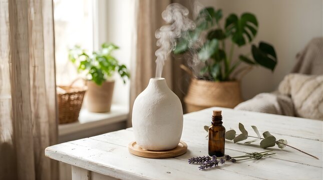 White ceramic essential oil diffuser with steam on a wooden table