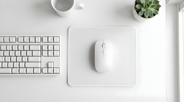 White office desk with computer keyboard mouse mug and plant from above
