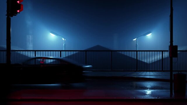 3D Animation of passing vehicles between traffic lights at night	

