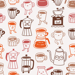 Obraz premium Vector coffee seamless pattern for cafe, coffee shop or restaurant menu. Cute doodle coffee seamless texture.