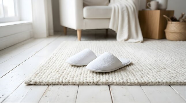 White Slippers on Living Room Rug with Soft Daylight for Home Comfort