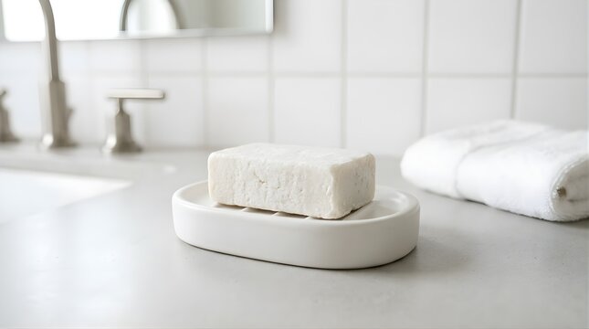 White soap bar on a dish in a modern bathroom sink for hygiene concept