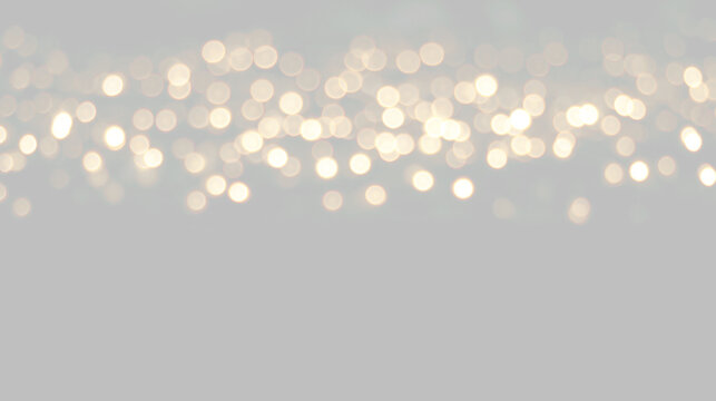 Glowing white bokeh lights on transparent background. Festive Christmas illuminated garland overlay. Defocused fairy lights banner with copy space