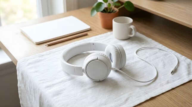 White wired headphones and tablet on a wooden desk for home workspace